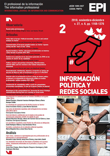 					Ver Vol. 27 Núm. 6 (2018): Información polí­tica y redes sociales (II)
				