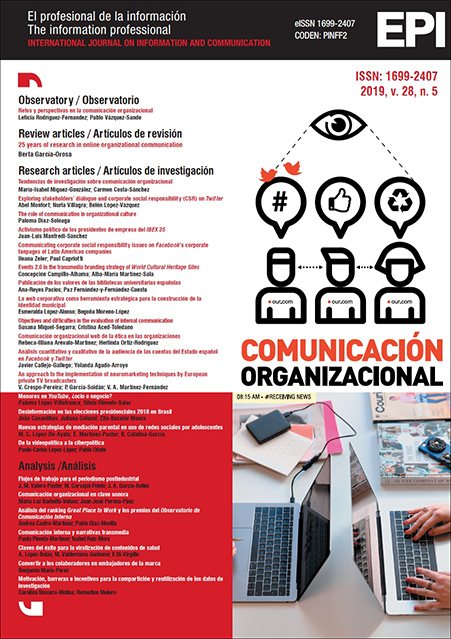 					Ver Vol. 28 Núm. 5 (2019): Comunicación organizacional / Organizational communication
				