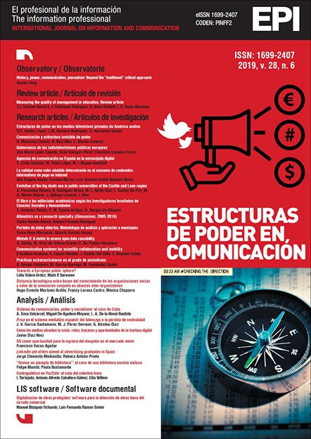 					Ver Vol. 28 Núm. 6 (2019): Estructuras de poder en comunicación
				